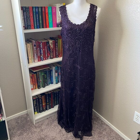 VINTAGE SOULMATES 100% Silk Purple Beaded Lace Slip On Maxi Length Dress Size XL - Picture 1 of 11